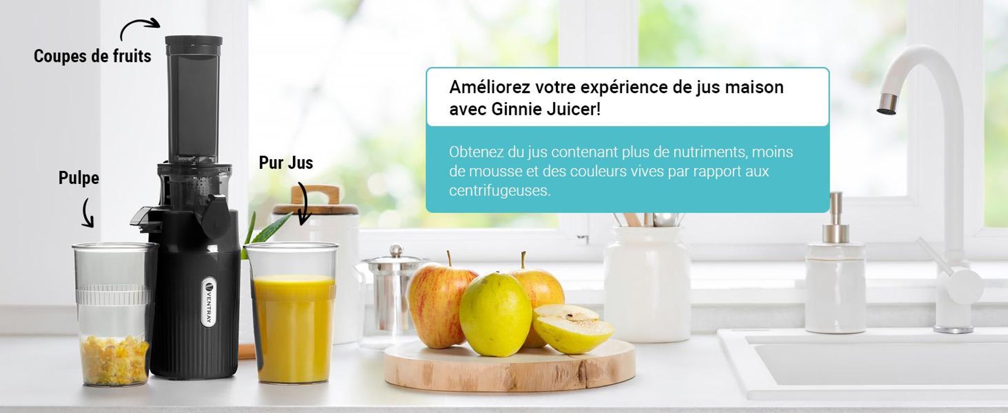 Ventray Essential Ginnie - Centrifugeuse à pression à froid, Slow Juicer Compact & Silencieux (60 tr/min, ouverture de remplissage de 45mm), sans BPA, 400ml, Nettoyage facile