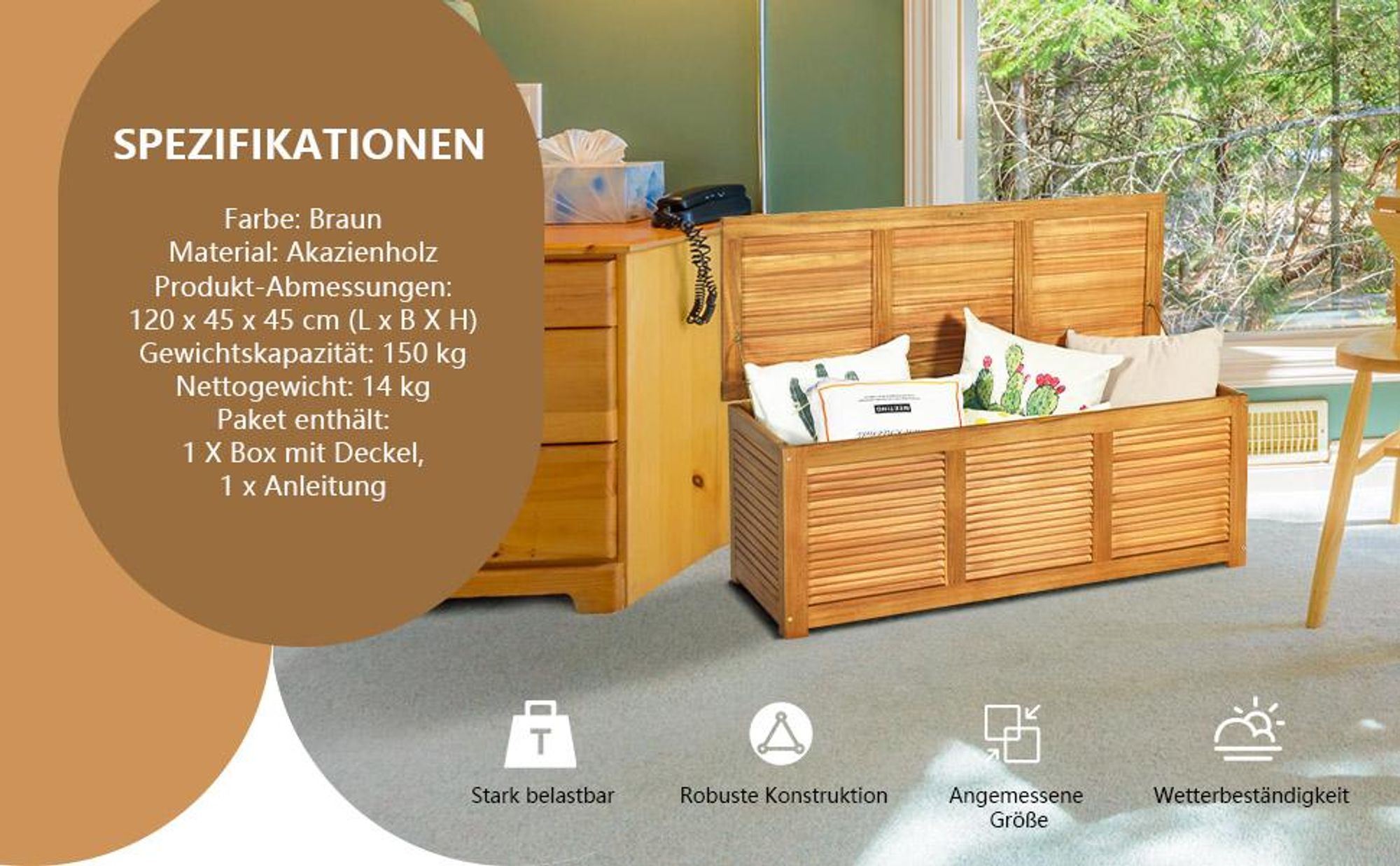 COSTWAY Gartenbox Akazienholz bis 160kg, Auflagenbox 179 L, Kissenbox, Aufbewahrungsbox, Gartentruhe für Garten, Balkon& Hinterhof, 120 x 45 x 45 cm