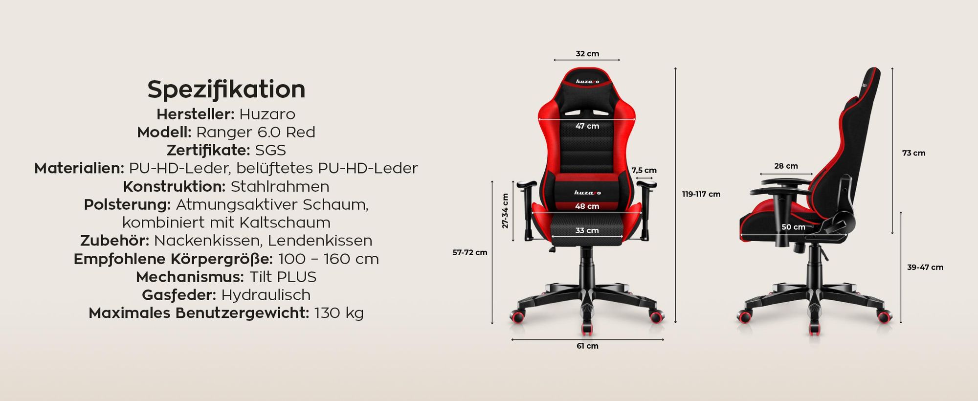 Huzaro Kinder Schreibtischstuhl Ranger 6.0 Gaming Stuhl Racing Sessel Bürostuhl Drehstuhl Gamer bis 130 kg mesh Rot
