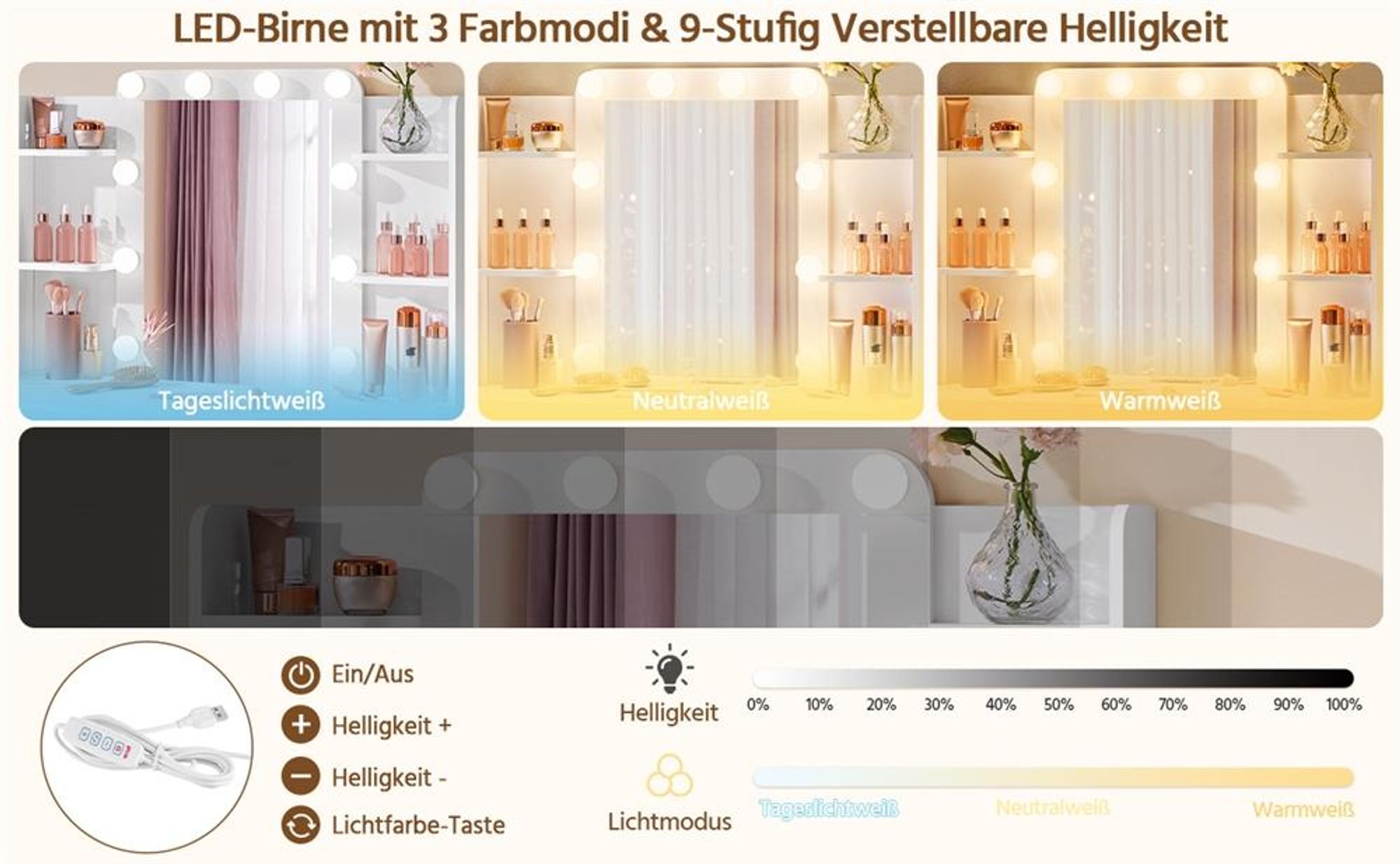 Schminktisch mit LED, 3 Farben mit einstellbarer Helligkeit, 9 stufig