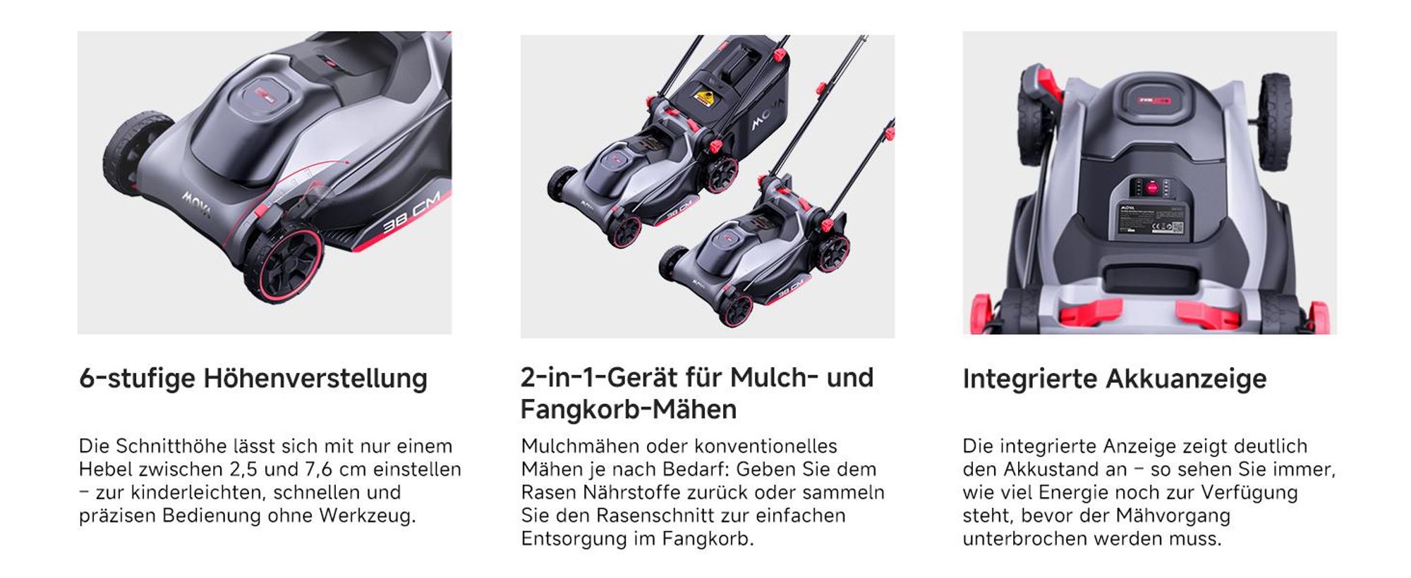 MOVA GL415 Akku-Rasenmäher 38 cm Schnittbreite kabellos bürstenloser Motor 20V SyncPack™ Einhebel Schnitthöhenverstellung Mulch und Fangfunktion Einha