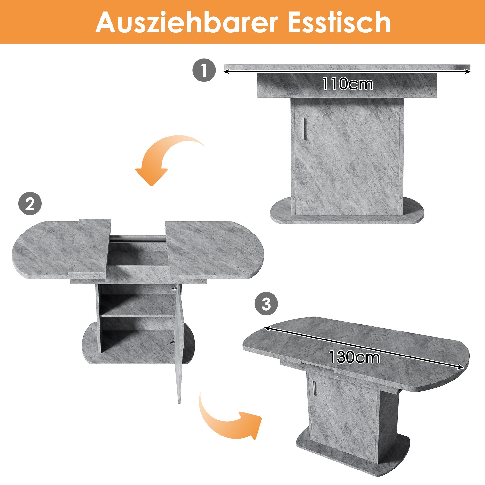 Flieks Ausziehbarer Esstisch Küchentisch mit Stauraum, Oval Esszimmertische Esstische mit Staufach, 130x70x75cm, Grau