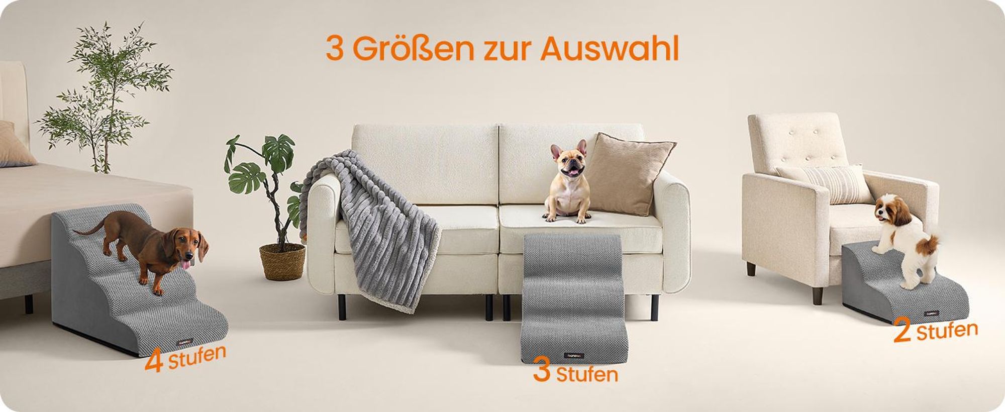 Feandrea Hundetreppe, 4 Stufen, Waffelcord, Haustiertreppe, für Bett, Sofa, wasserdicht, rutschfest, geringe Neigung, abnehmbarer waschbarer Bezug