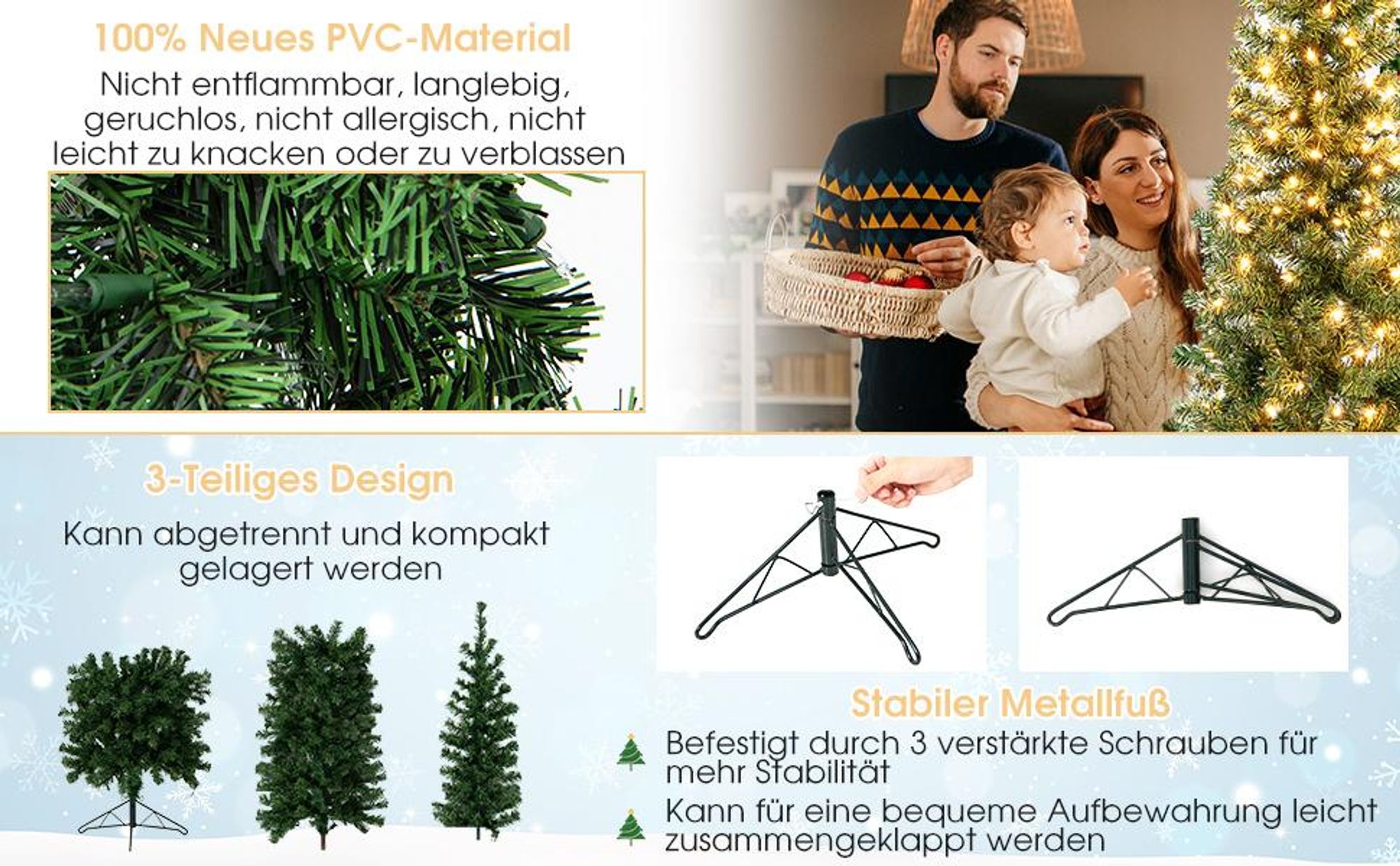 COSTWAY 210cm LED Weihnachtsbaum, platzsparender Christbaum mit 450 Zweigspitzen, 150 LED & Metallständer, schlanker Tannenbaum Kunstbaum für Innen