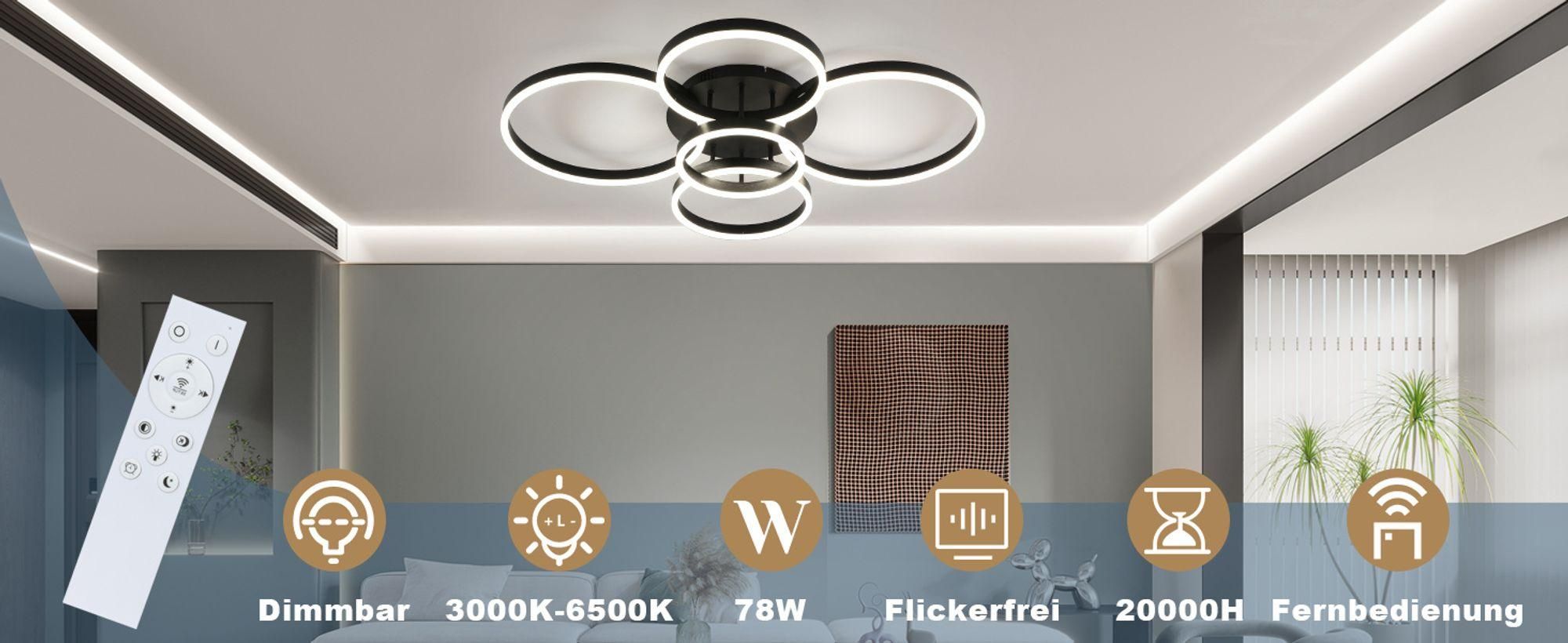 ZMH Lampa Sufitowa LED 78W Ściemnialna z Pilotem 5 Pierścieni Oświetlenie Wewnętrzne Czarne do Salonu Sypialni Kuchni Biura Gabinetu