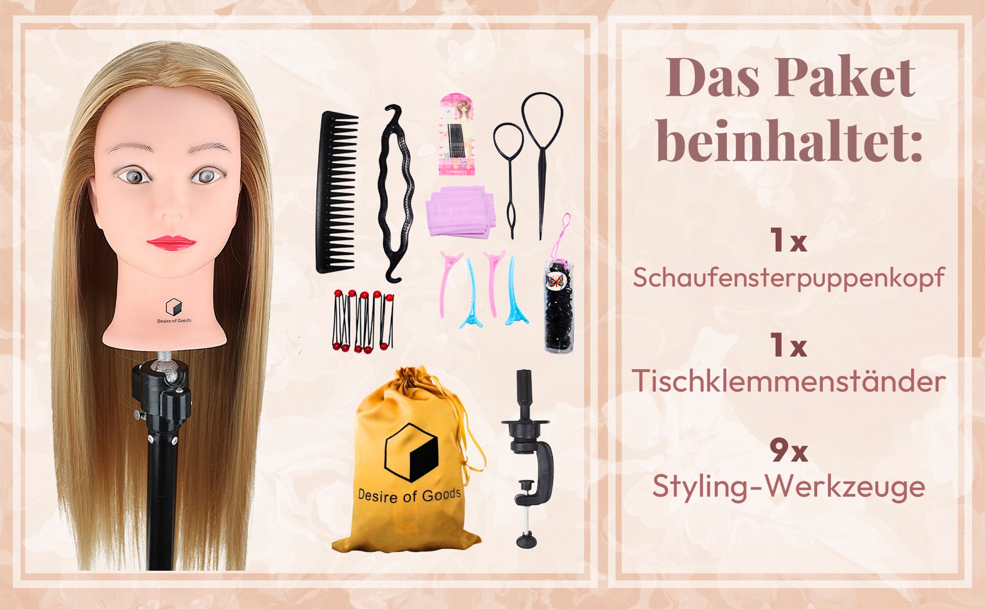 Desire of Goods Übungskopf Friseurkopf Dunkelblond – Tischklemme & Styling-Zubehör – Frisierkopf – Friseurkopf – 70 cm