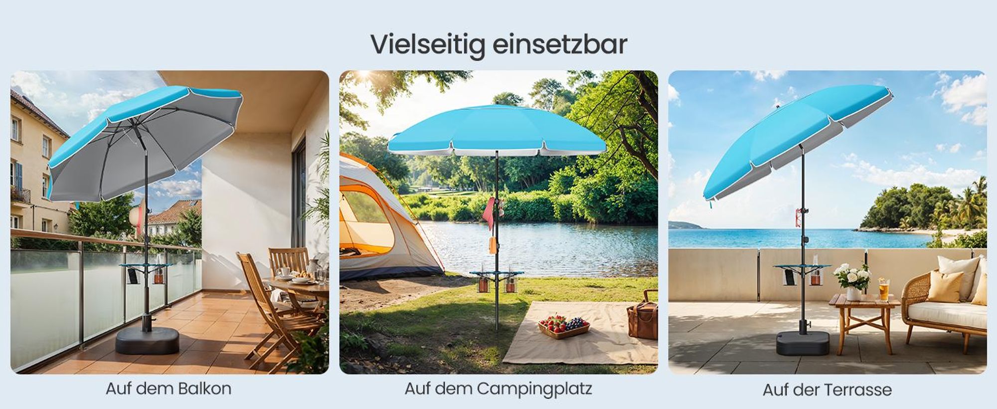 SONGMICS Sonnenschirm ∅200 cm, Strandschirm, Sonnenschutz UPF 50+, Ablagefläche