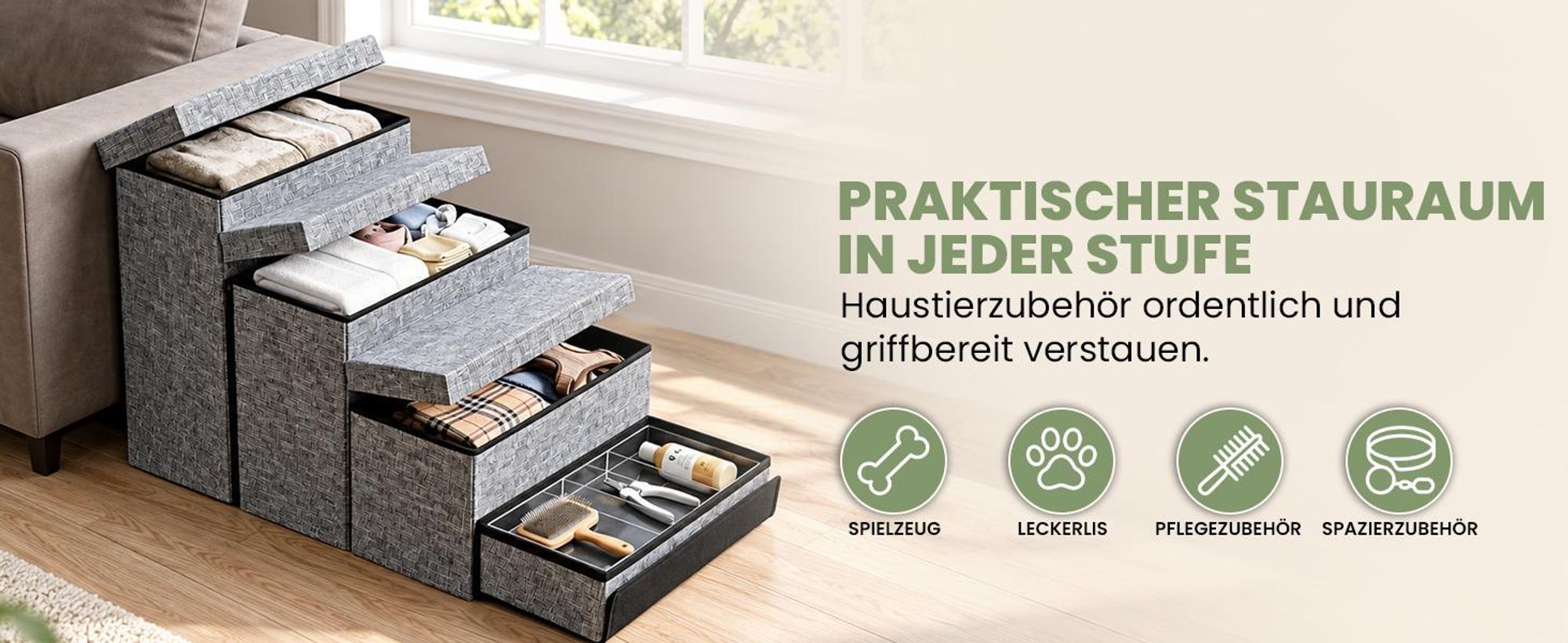 Snuffilo 3-in-1 Hundetreppe, klappbar mit Stauraum & Rampenfunktion – 4 Stufen Hundetreppe für Kleine Hunde & Katzen | Gelenkschonende Hunde Treppen Bett & Sofa - Bis 45+ kg | Grau