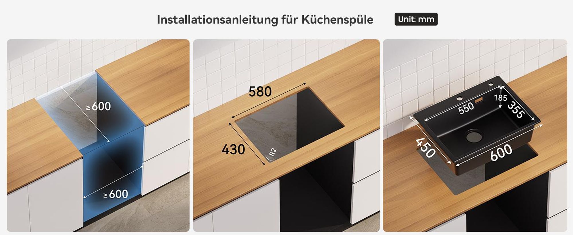 CECIPA Granitspüle 60x45 cm Schwarz Küchenspüle Granit Spülbecken Spüle Granit Einbauspüle Hitzebeständig Kratzfest mit Siphon, Pflegeleicht
