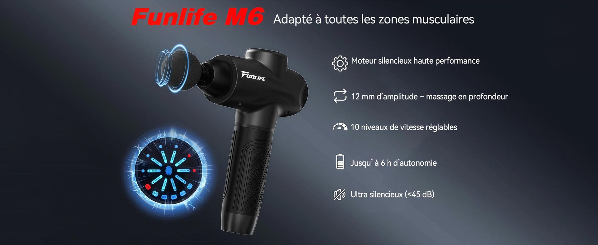 FunLife M6 : Pistolet de massage et de relâchement myofascial – Amplitude de 12 mm, 3200 tr/min, 10 niveaux de puissance, 6 têtes de massage, connecteur USB-C, fonctionnement silencieux (<45 dB), éclairage LED, connecteur USB-C, couleur gris platine