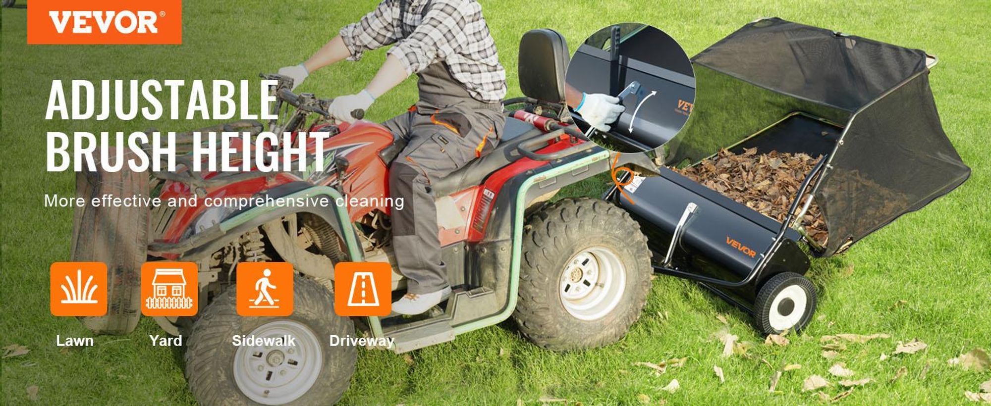 VEVOR 42-Zoll Rasenkehrmaschine zum Hinterziehen, 12 cu.ft. Große Anhängbare Graskehrmaschine, Robuster Laub- und Grasauffänger mit Entleerungsseil-Design, Einstellbare Kehrhöhe zum Aufnehmen von Abfällen und Gras, 132x111.8x71 cm
