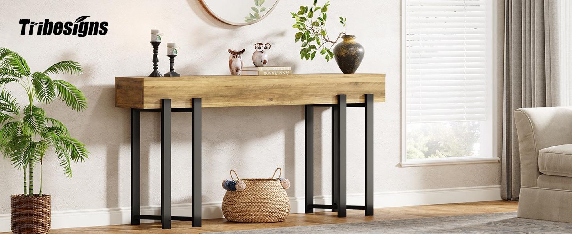 Tribesigns Schmaler Konsolentisch 160 cm, im Landhausstil - Platzsparend für Diele, Flur & Wohnzimmer, als Couchtisch mit robustem Metallgestell