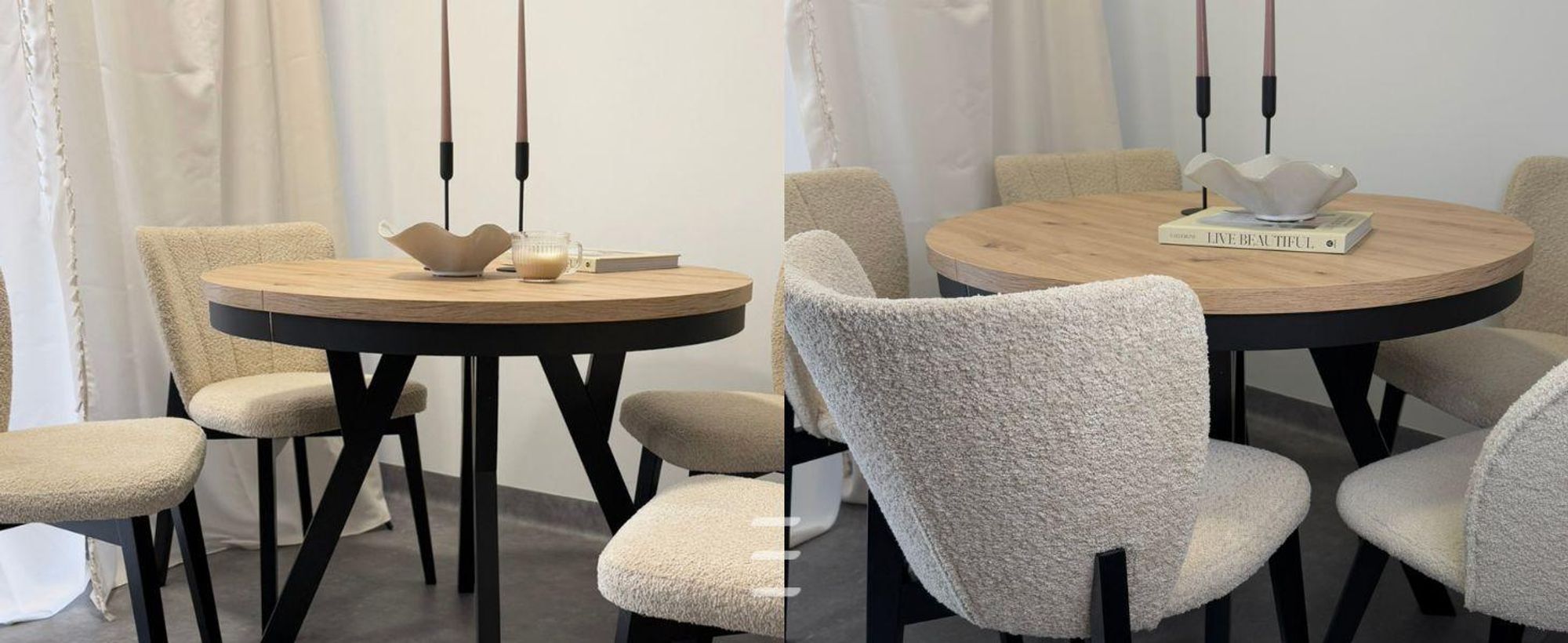 Runder Ausziehbarer Tisch für Esszimmer, PERO, Loft-Stil, Skandinavische, Durchmesser: 100 / 150 cm, Farbe: Eiche Sonoma / Schwarz