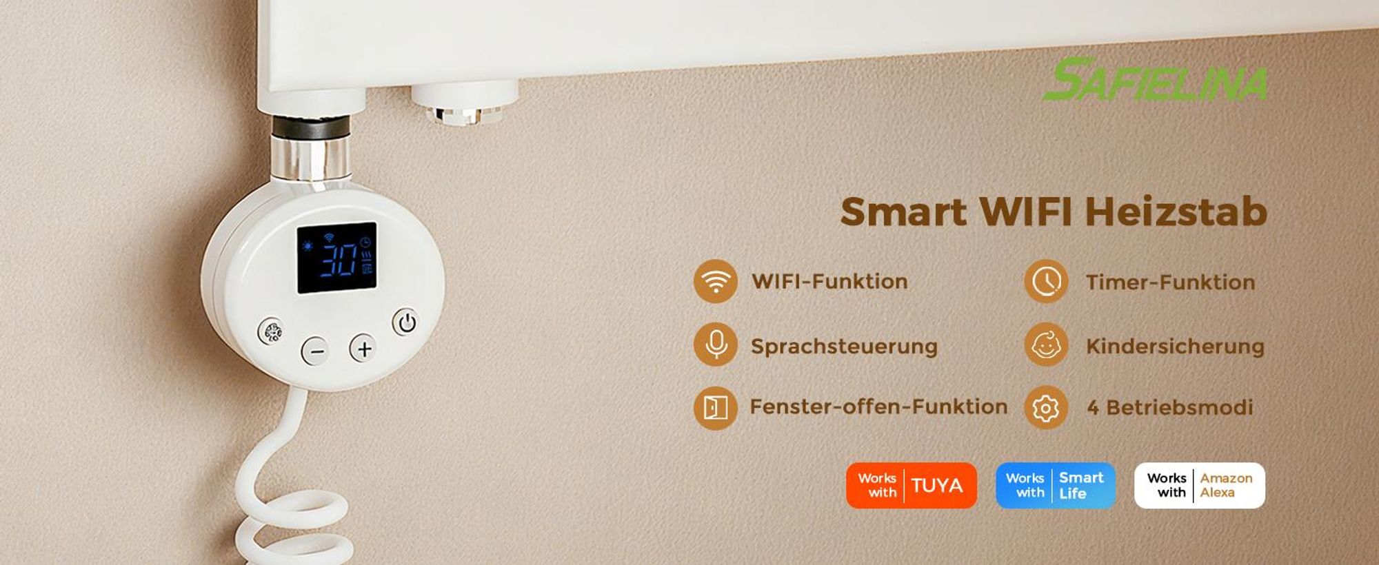 S’AFIELINA Heizstab mit Thermostat 300W, programmierbarer Timer & LCD-Anzeige, WiFi, für Badheizkörper, Edelstahl, intelligente Steuerung, Weiß