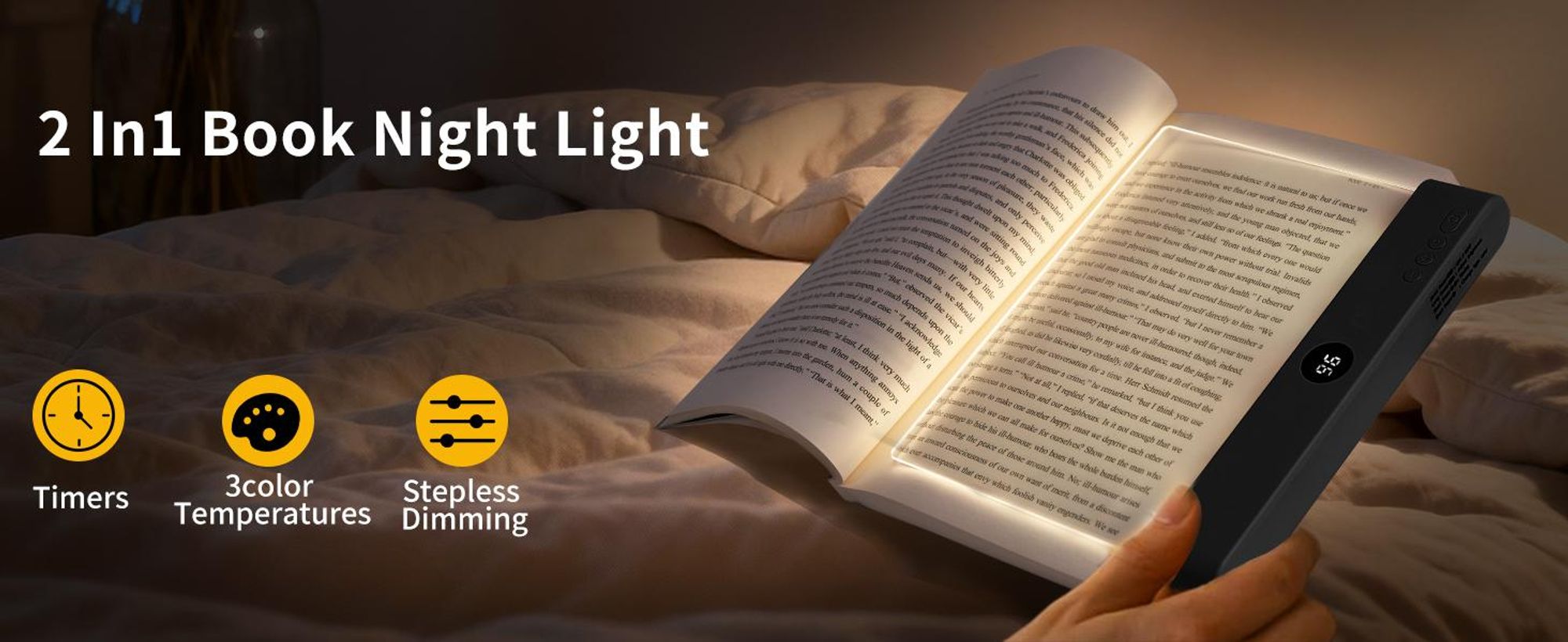 Leselampe Buch, LED Leselampe, Buchlampe, Nachttischlampe, Leselicht, 3 Lichtfarben Dimmbares, mit Timer, USB Wiederaufladbare, für Nachtlesungen