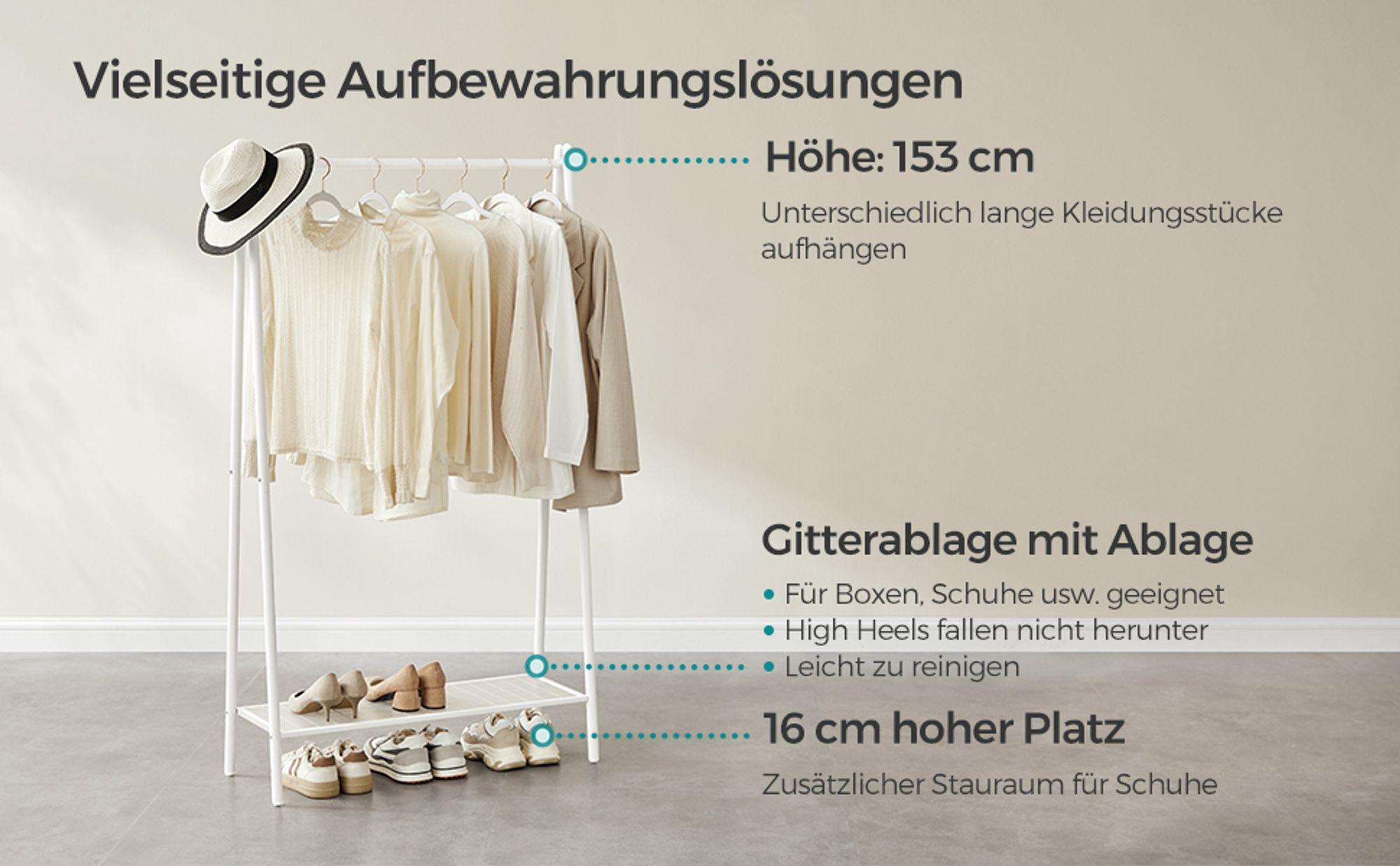 SONGMICS Kleiderständer, Garderobe, Garderobenständer, Kleiderablage, Stahlrahmen, mit Stange und Regal, 33,5 x 92,5 x 153 cm, für Schlafzimmer