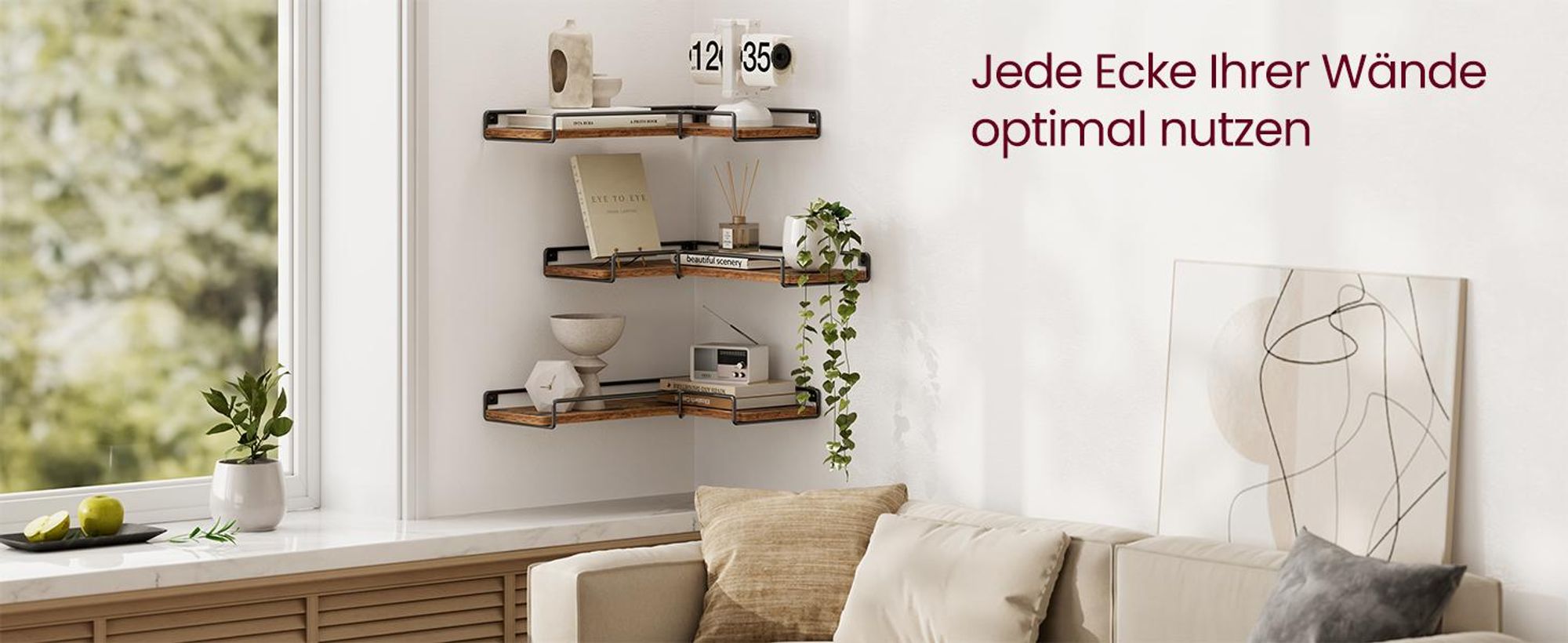 VASAGLE L-förmiges Eckregal, 3er Set, Wandregal, Industrie-Design, für Wohnzimmer, Schlafzimmer, Küche, vintagebraun