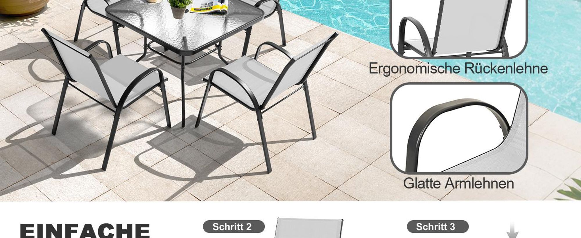 Avestar Gartenstühle 4er Set, Stapelstühle, hochdichtes Textilene, wetterfeste Esszimmerstühle, Gartenmöbel mit Armlehnen, Grauweiß