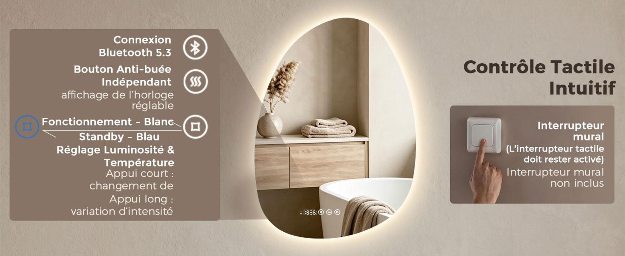 S'AFIELINA Miroir de salle de bain avec éclairage Asymétrique 60 x 45 cm avec 3 couleurs de lumière réglable, antibuée, Bluetooth, horloge, température, fonction mémoire