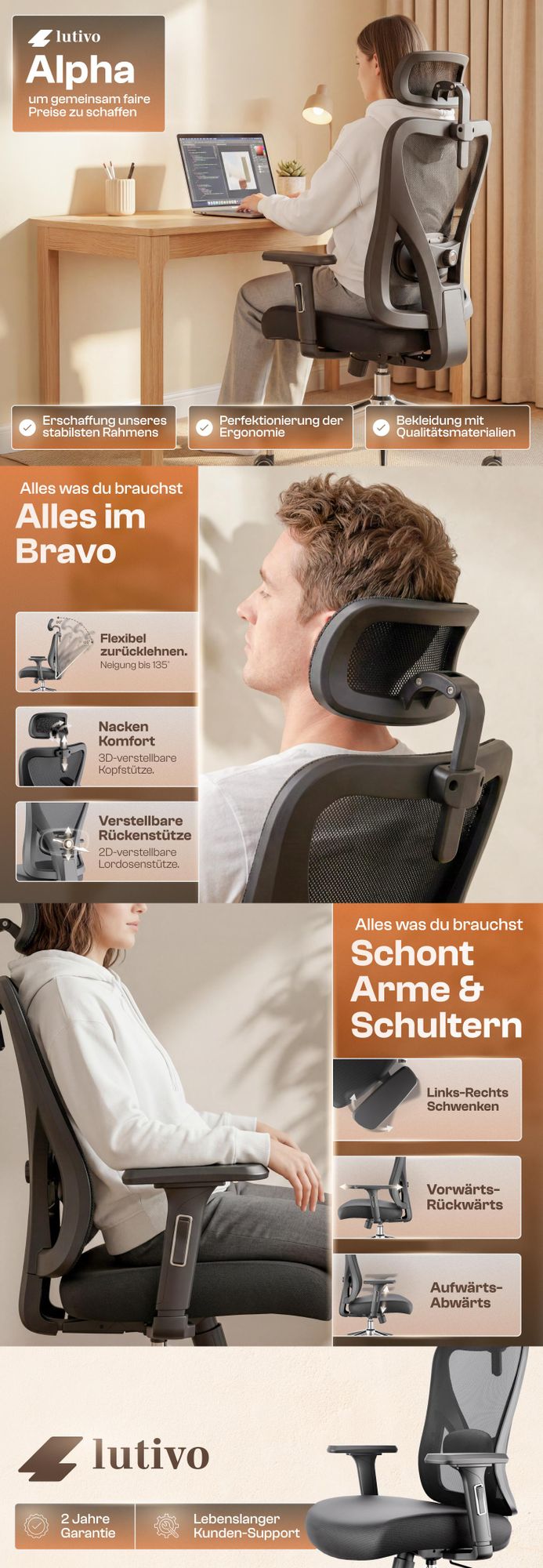 LUTIVO Alpha Bürostuhl ergonomisch [ORIGINAL] Schreibtischstuhl ergonomisch mit 11 Komfort-Einstellungen | Gaming Stuhl & Drehstuhl (Schwarz)