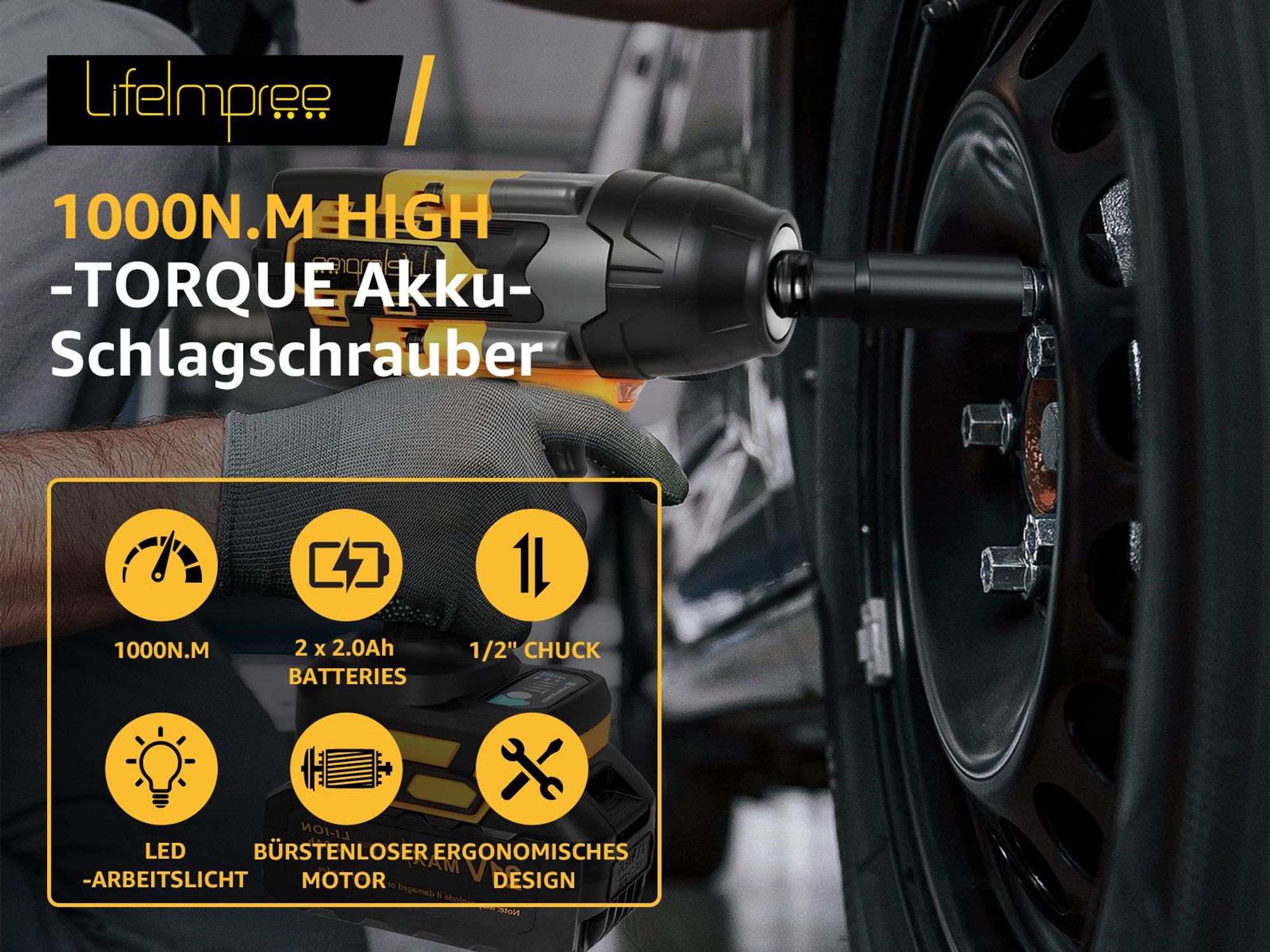 LifeImpree Profi Akku-Schlagschrauber 1000 Nm, Bürstenlos, 3-Gang AutoStop-Modus, leistungsstark, kompakt & mobil, Gelb