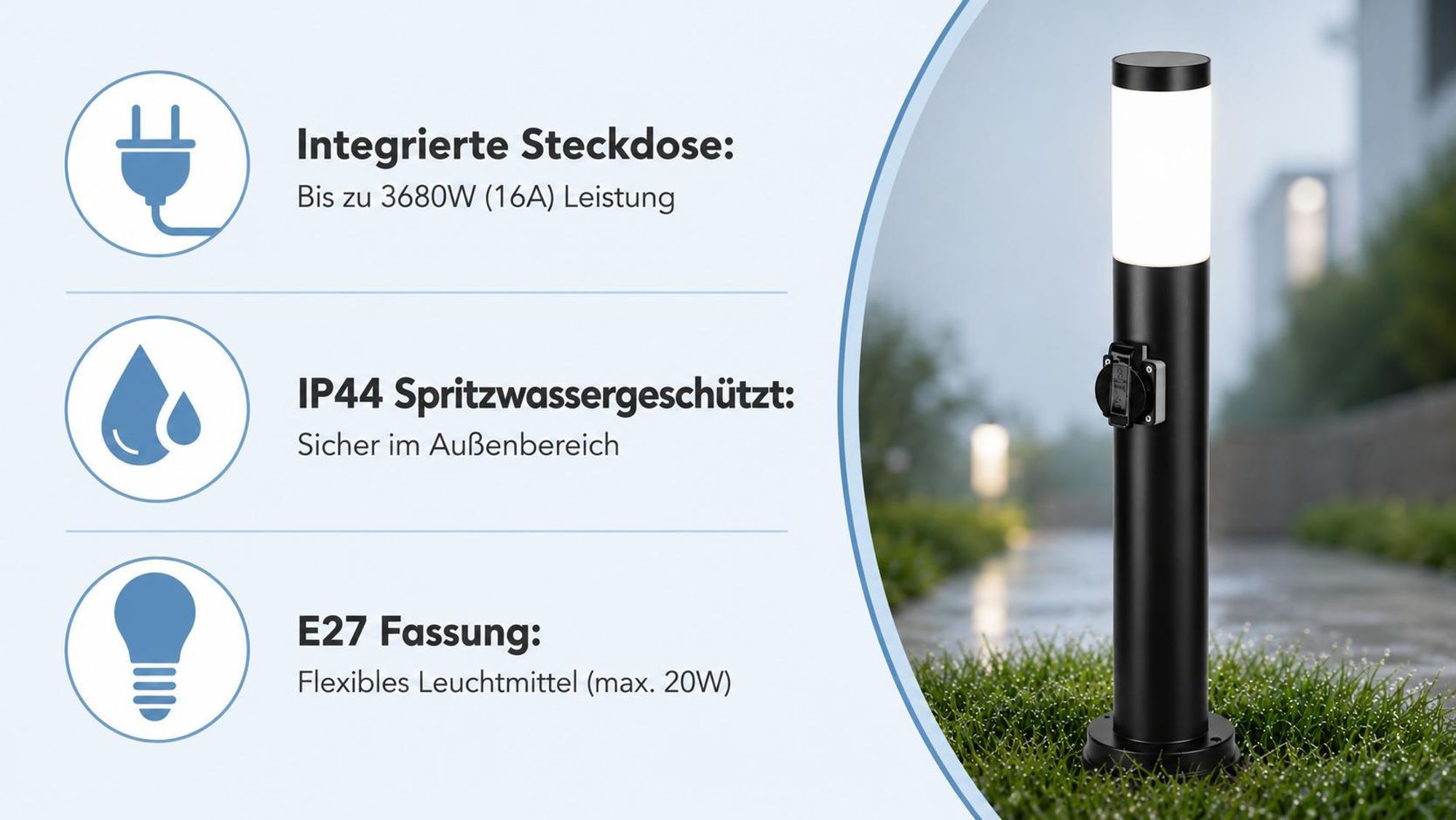 MasterLED Pollerleuchte mit Steckdose Wegeleuchte Gartenleuchte Außenleuchte E27 IP44 65cm Schwarz Edelstahl