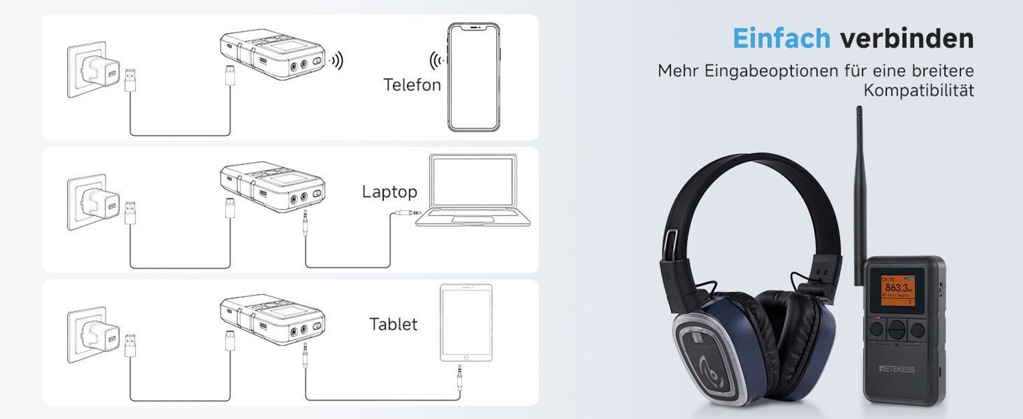 Retekess TA003P-TA004S Silent-Disco-Kopfhörersystem, Freihändig, Hi-Fi-Audioqualität, 3-Kanal-LED, 12H, Sitzfest, Bass-Anhebung,für Fitness Yoga Party