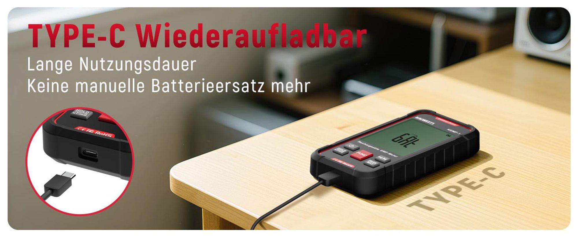 KAIWEETS EMF Messgerät 3-in-1, EF/MF/RF Strahlungstester, LCD, Typ-C Akku
