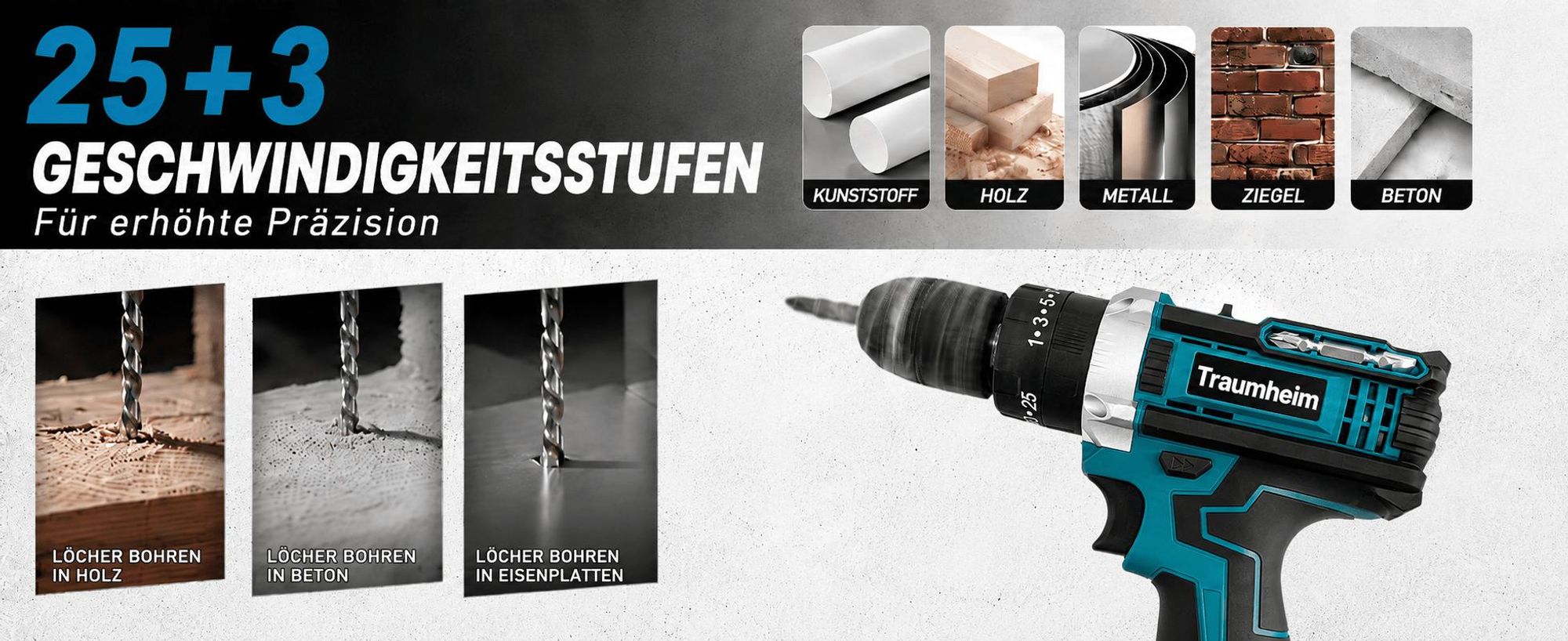 21V Akkuschrauber mit 2 Akkus 1500mAh & Ladegerät, Akku-Bohrschrauber 2-Gang, 3-in-1 Arbeitsmodus, 28 Zubehörteile für Haus, Garten & Renovierung
