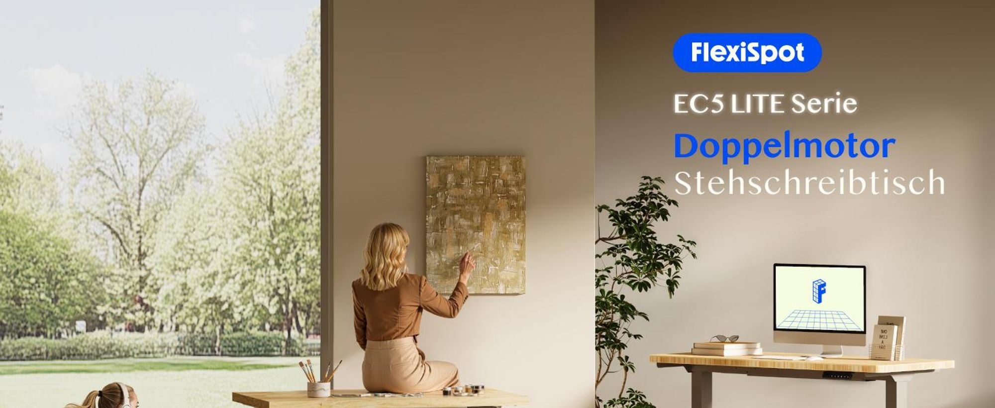 FlexiSpot höhenverstellbarer Schreibtisch elektrisch 120x80cm mit Dualmotor, 25MM einteiliger Tischplatte&3-fach Teleskop EC5 LITE (Weiß)