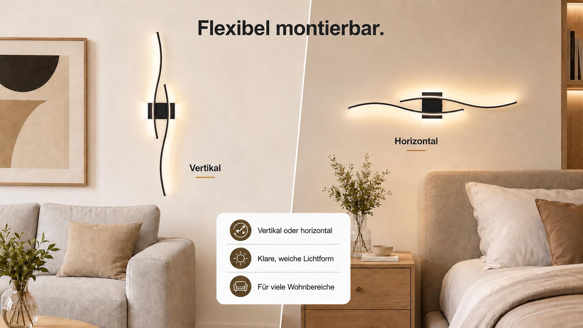 Akku Wandleuchte Innen 100cm 1Stk, Kabellos Wandlampe Schwarz mit Fernbedienung & Schalter 10000mAh Dual-Seitenlicht Flur Treppenhaus Schlafzimmer