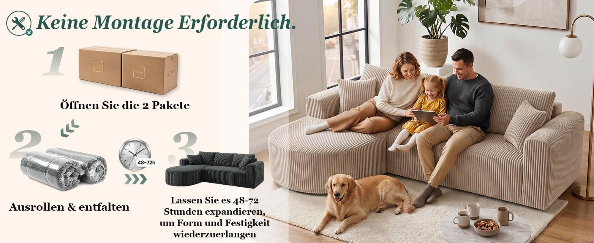 COMHOMA Ecksofa mit Schlaffunktion, 263cm Corduroy Modulares Boneless Couch mit Chaiselongue, L-Form Schlafsofa, Sektionssofas mit Kissen & Seitentasc