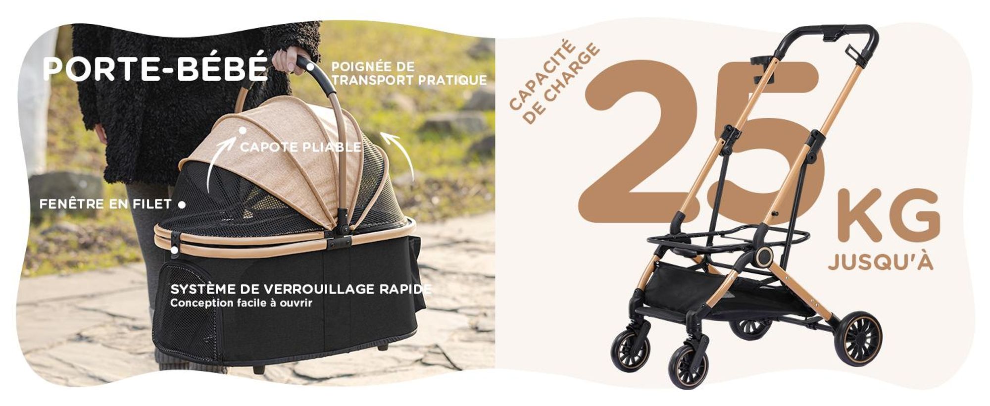 Poussette pour chien COMHOMA pliable jusqu'à 25 kg, roue avant pivotante à 360° en EVA et freins arrière, poussette pour chien 4 en 1, poussette pliable pour chat dorée