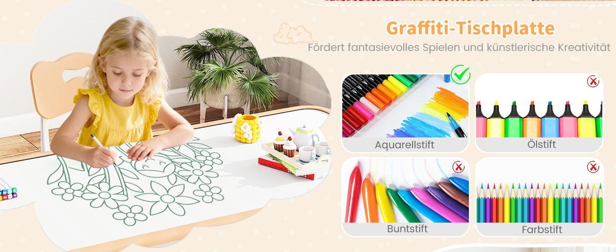 GOPLUS Kindertisch Set mit 4 Stühlen, Schreibtisch höhenverstellbar mit Graffiti-Tischfläche 120x60cm, Kindertischgruppe ab 18 Monate