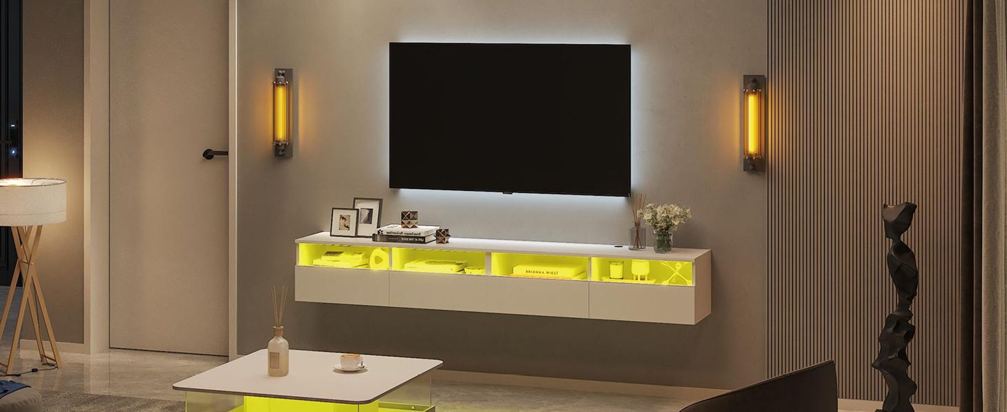 Radelldar Lowboard mit LED-Beleuchtung, TV-Schrank, hängend, grifflose TV-Board, 4 Schubladen mit Acryl,  200 cm, Weiß