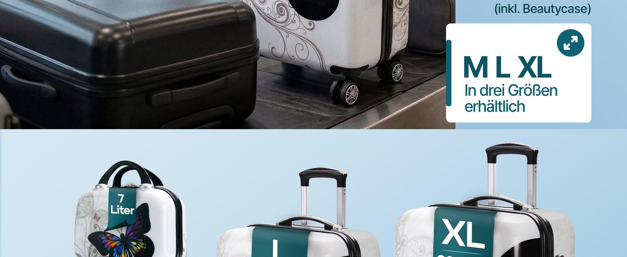 MONZANA Reisekoffer Hartschalenkoffer Butterfly Hartschale Trolley Koffer | ABS-Kunststoff | PC beschichtet | Alu Teleskopgriff | gummierte Zwillingsrollen | Größe XL