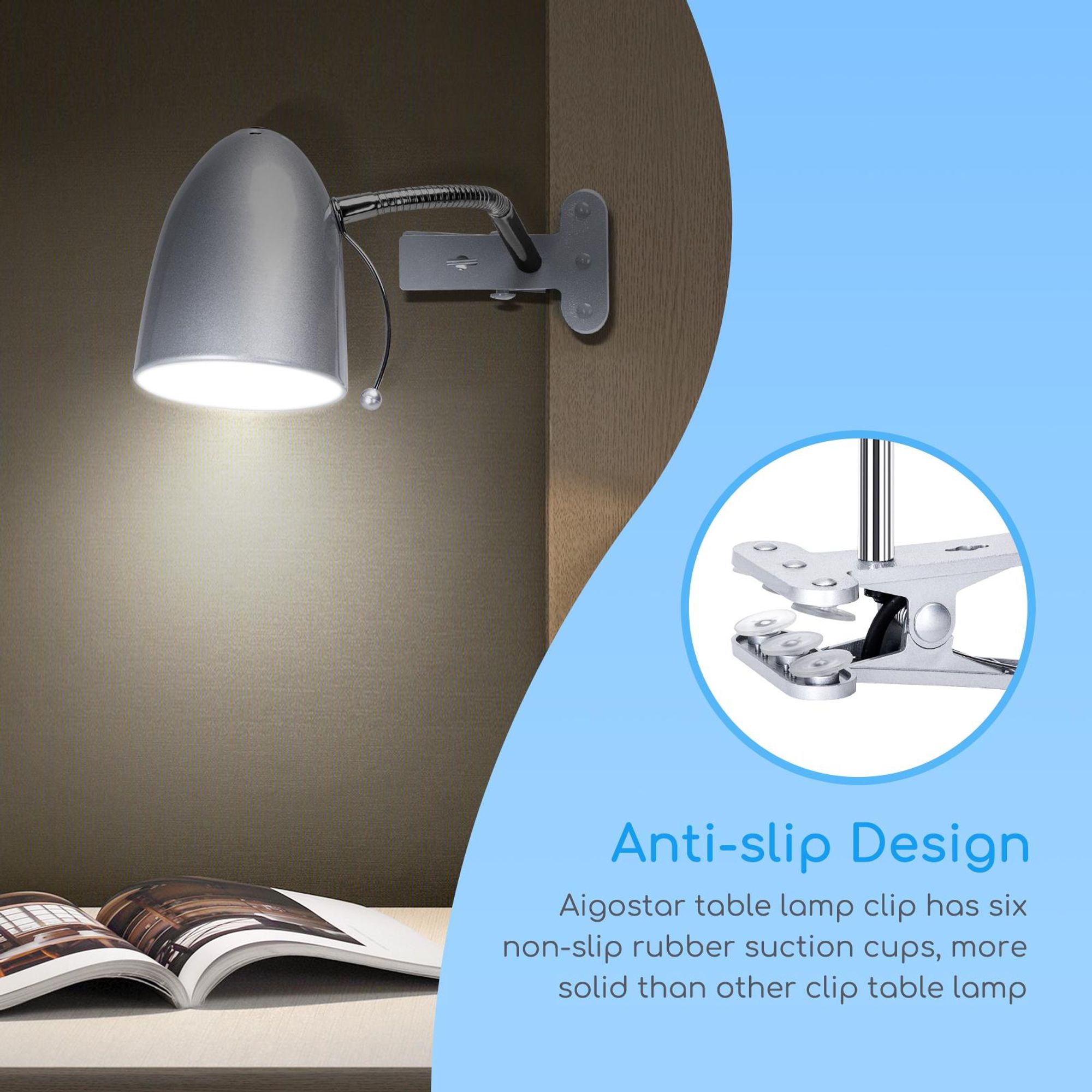 Aigostar Klemmlampe Retro, Schreibtischlampe Klemmbar, Ohne Glühbirne, Passend für E27 Modell LED Glühbirne, 153cm Kabel mit Schalter,Silber
