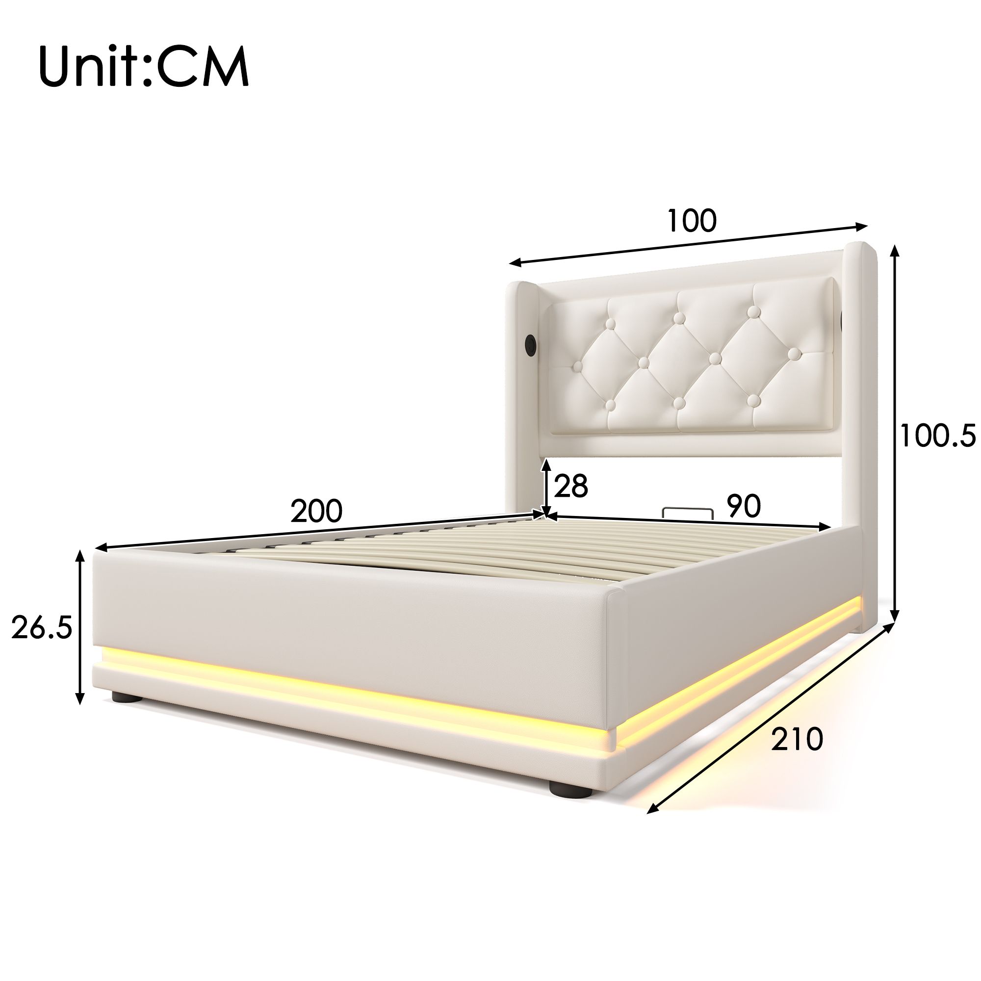 Flieks Polsterbett 90x200cm mit USB & Typ-C, Einzelbett Jugendbett mit LED, Hydraulisches Stauraumbett Boxspringbett mit Lattenrost, Kunstleder, Weiß