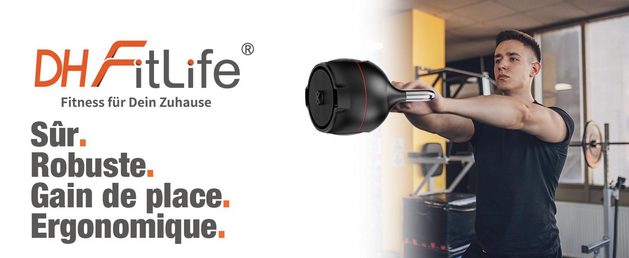 DH FitLife 7-en-1 Kettlebell réglable (1,5-10 kg), Haltère avec 7 niveaux de poids, Idéal pour l’entraînement du corps, Compact et Gain de place