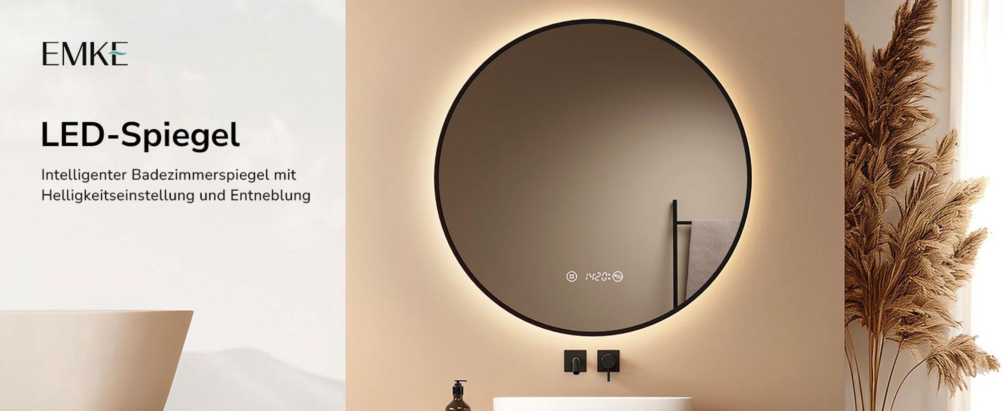EMKE Badspiegel Rund LED Spiegel mit Beleuchtun ф80cm Schwarzer Rund Badezimmerspiegel mit Beschlagfrei, Uhr, Temperatur, Dimmbar, Memory-Funktion - Neutrale Lichts 4300K