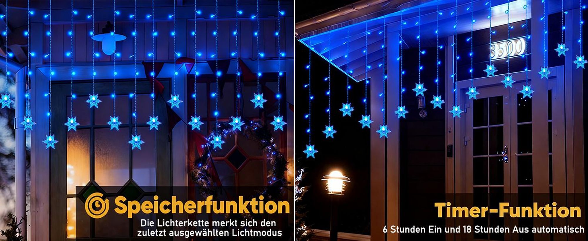 LED Schneeflocke Lichterkette Blau Lichtervorhang 8 Lichtmodi Innen Party Garten Fenster Weihnachten Beleuchtung