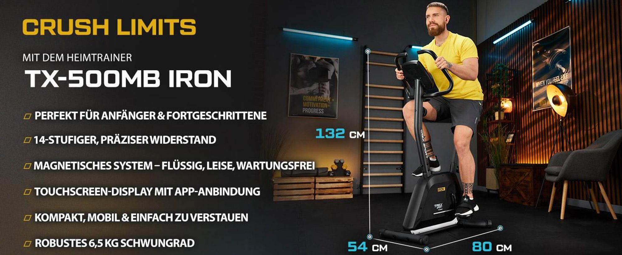 TREX SPORT Heimtrainer Fahrrad TX-500MB IRON | Fitnessbike, 14 Widerstandsstufen, LCD-Display, Pulssensoren | leise, ergonomisch, bis 125kg | Schwarz