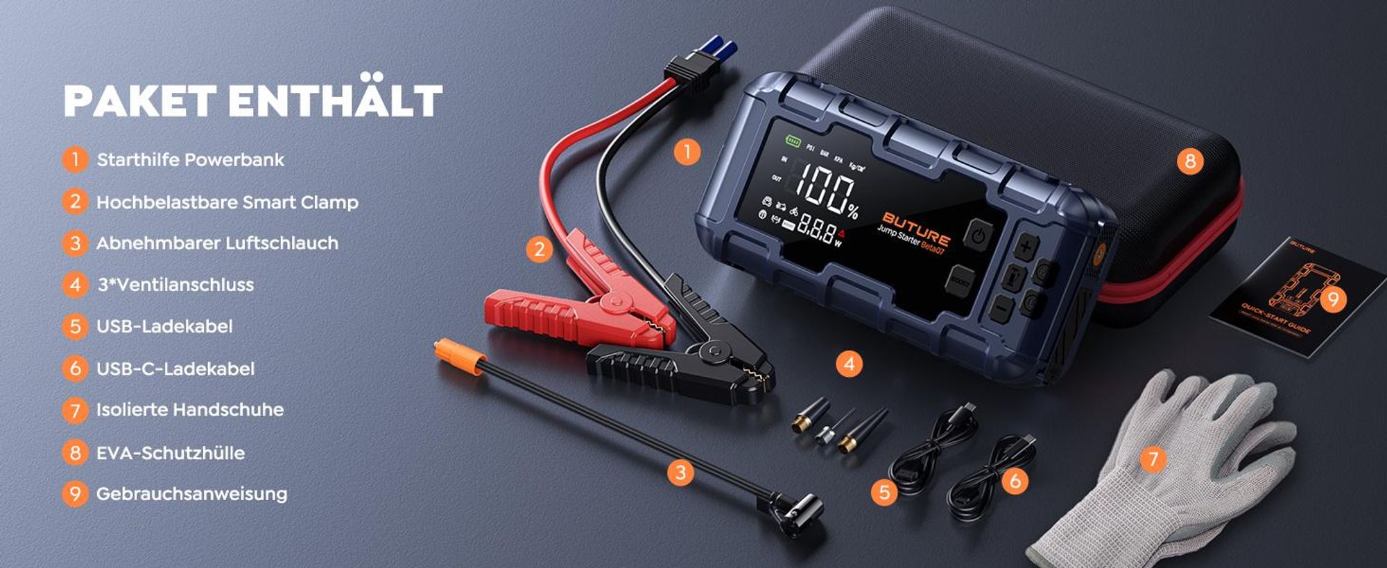 BUTURE Starthilfe powerbank für pk, 6000A Spitzenstrom, 26800mAh, 12V, 160 PSI Kompressor, Zwangsstart-Funktion, (Alle Benzinmotoren oder 12 L Diesel)