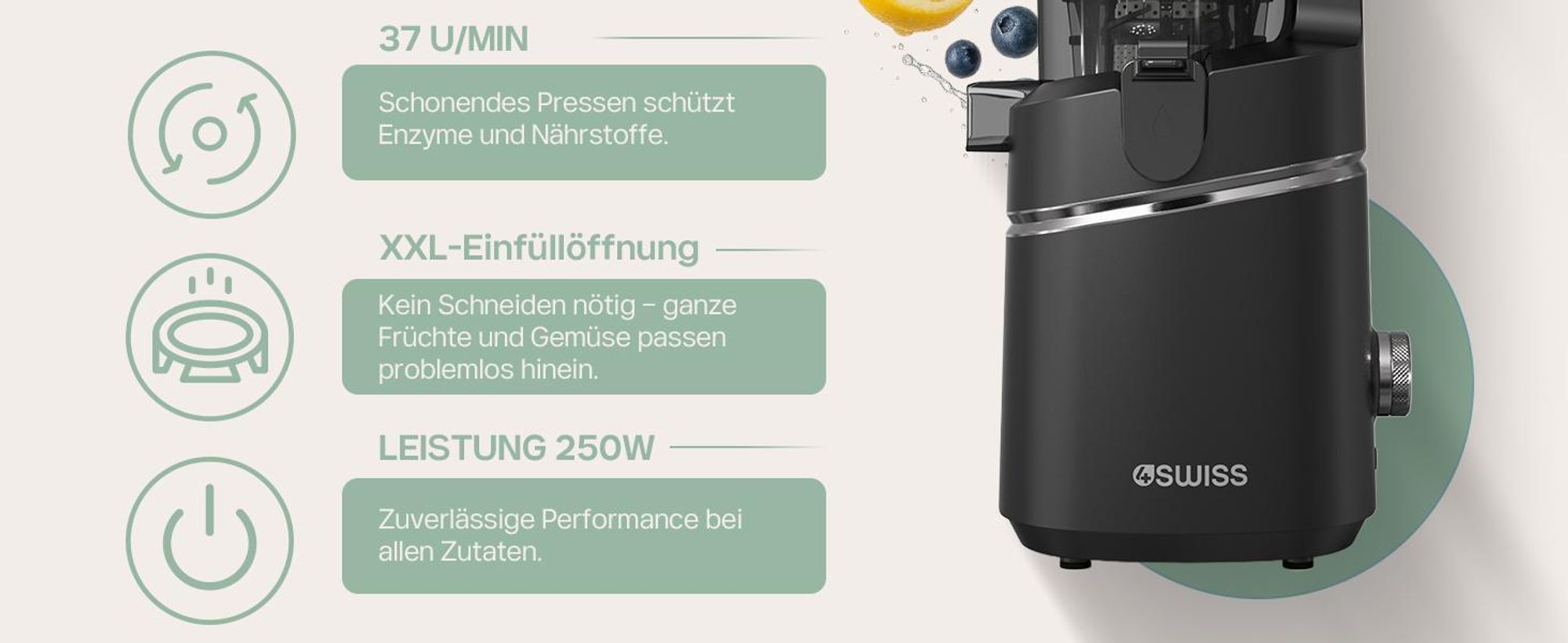 4Swiss WB025 Slow Juicer Entsafter - Kaltentsafter Saftpresse Elektrisch 13 cm XXL Einfüllschacht BPA-frei Leise Obst Gemüse Saftmaschine