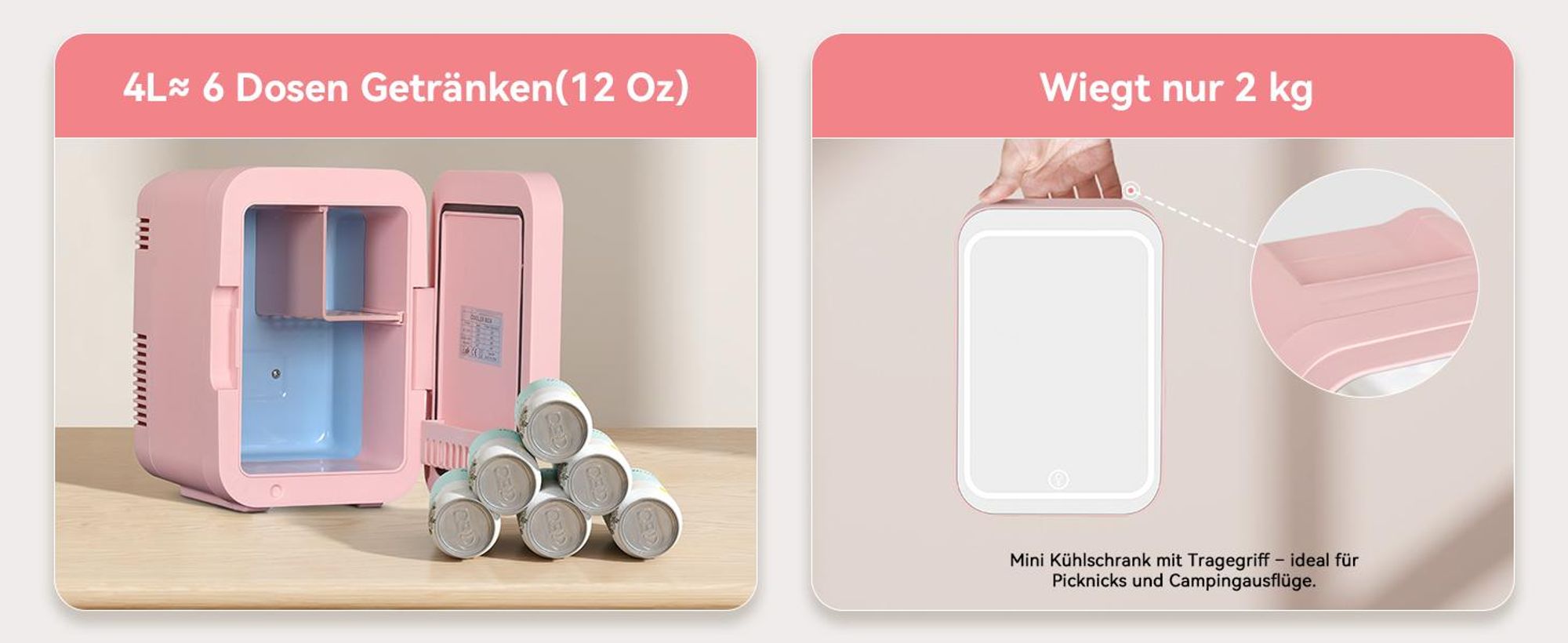 Puluomis Mini Kühlschrank 4L mit LED Spiegel tragbar für Kosmetik, Kühlbox Warmbox rosa pink