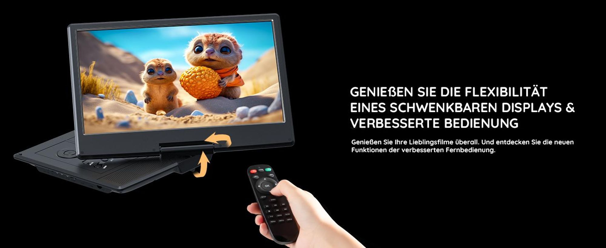 15.7" Tragbarer DVD-Player mit 14"HD-Drehbildschirm, ideal fürs Auto 6 Stunden Akkulaufzeit intelligente SpeicherwiedergabeAlle Region Dual-Lautsprech
