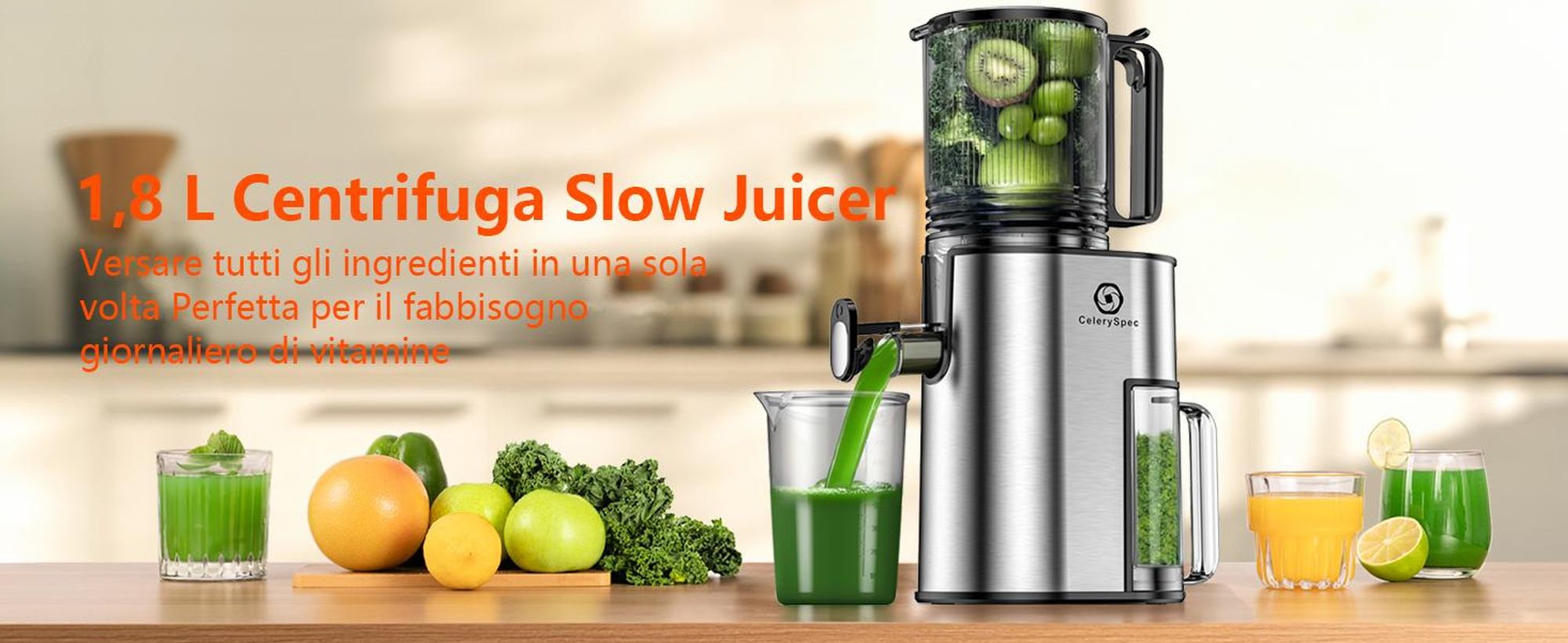 CelerySpec SJ-048-EU-SS Lento Spremiagrumi - 250W Potenza 1.8L Ampia capacità Due aperture di alimentazione da 130 mm e 45 mm - Argento