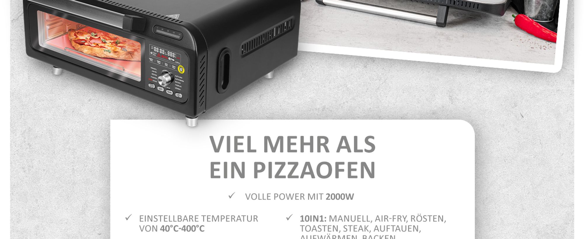 Genius Chef elektrischer Pizzaofen 10 in 1 8 tlg, 400°C, 2000 Watt, integrierter Airfryer, Steakgrill, Pizzastein und Pizzaschieber inklusive, 4 Modi