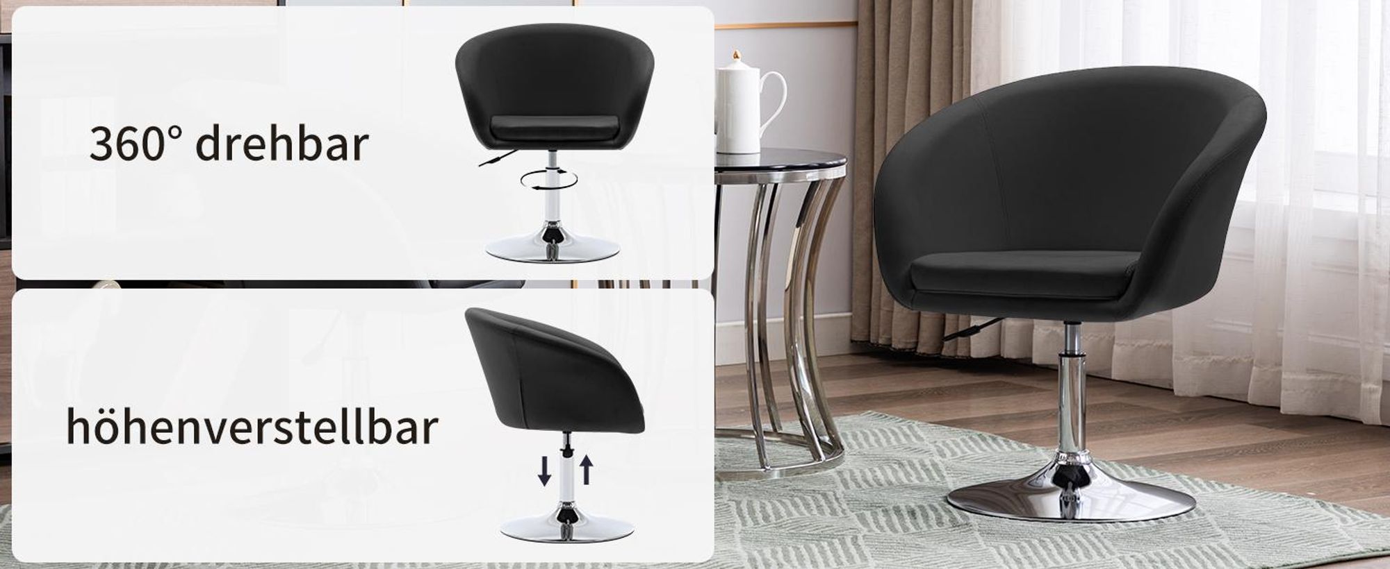 Duhome Clubsessel Cocktailsessel aus Kunstleder Loungesessel Höhenverstellbar Drehhocker mit Armlehne und Rücklehne, Schwarz