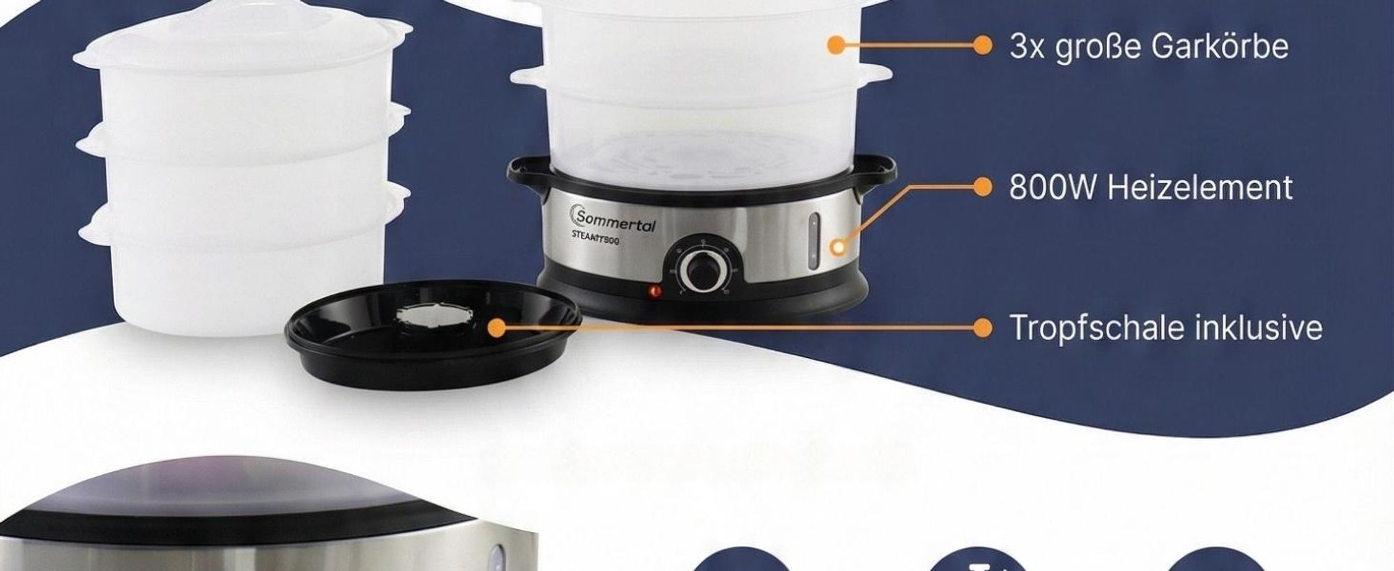Sommertal Dampfgarer STEAMY800 Dämpfer 800W 3 Schicht Topf BPA-Frei regelbar 0-60 min. spülmaschinenfest Kunststoff Dampftopf